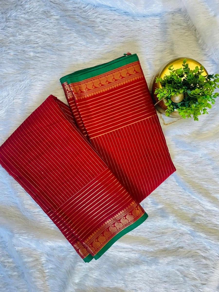 Kanchi Cotton Stripes Saree - Deep Red - Image 3