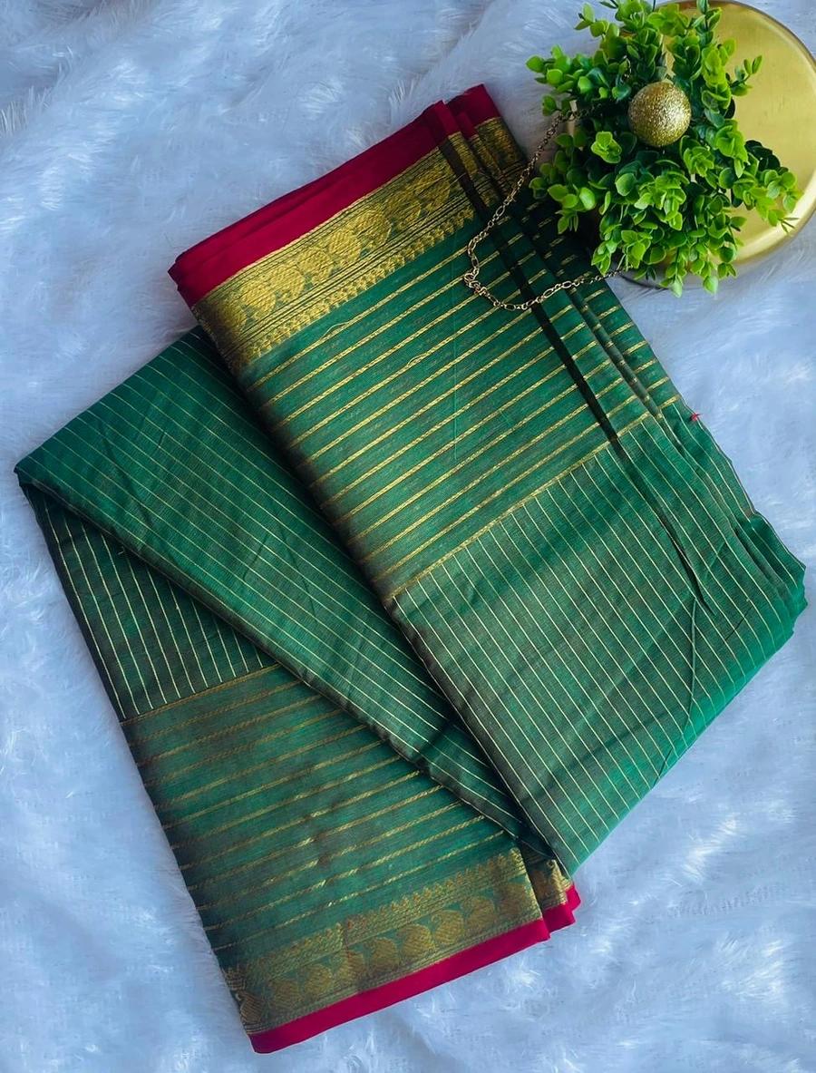 Kanchi Cotton Stripes Saree - Deep Green