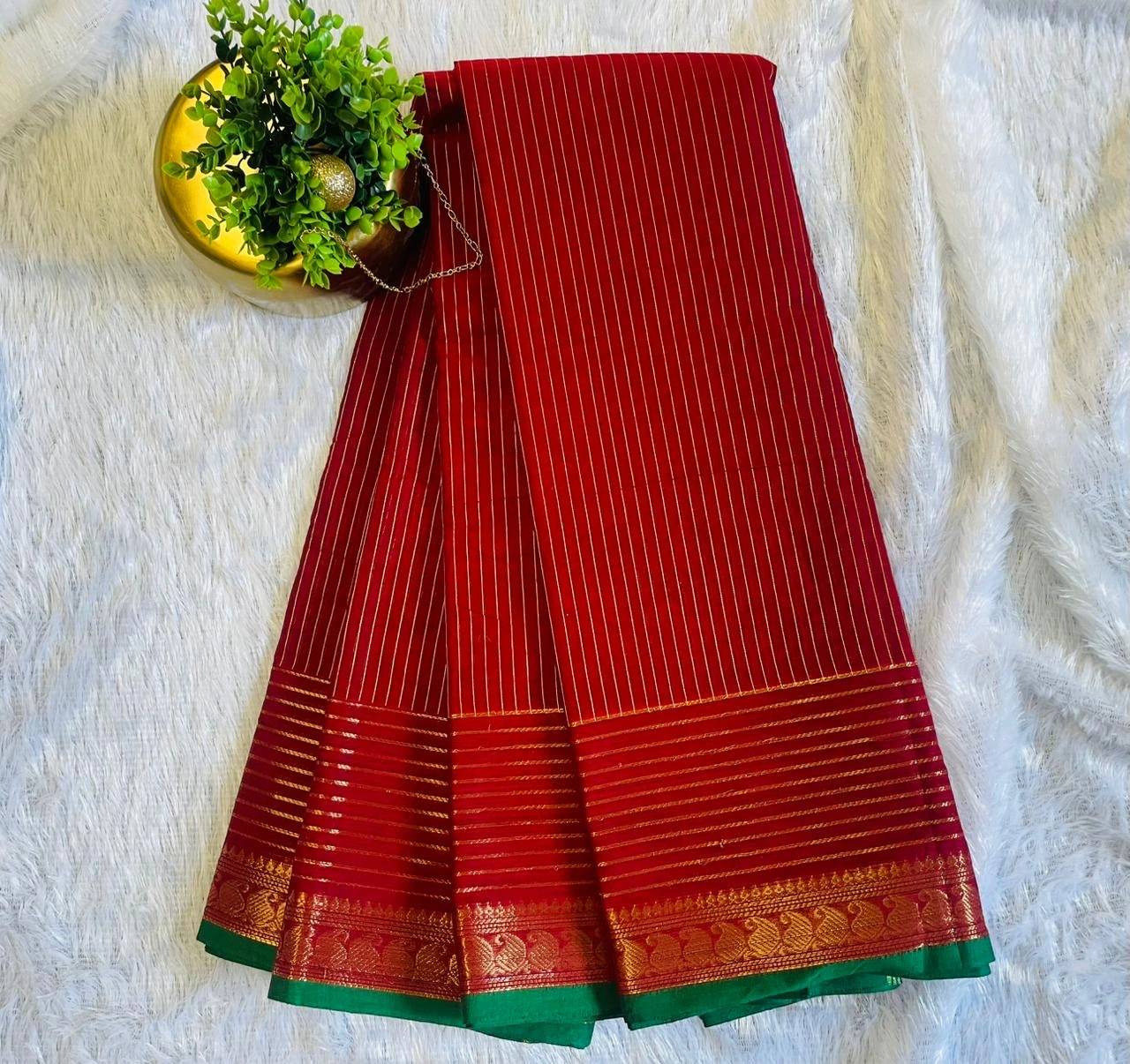 Kanchi Cotton Stripes Saree - Deep Red - Image 4