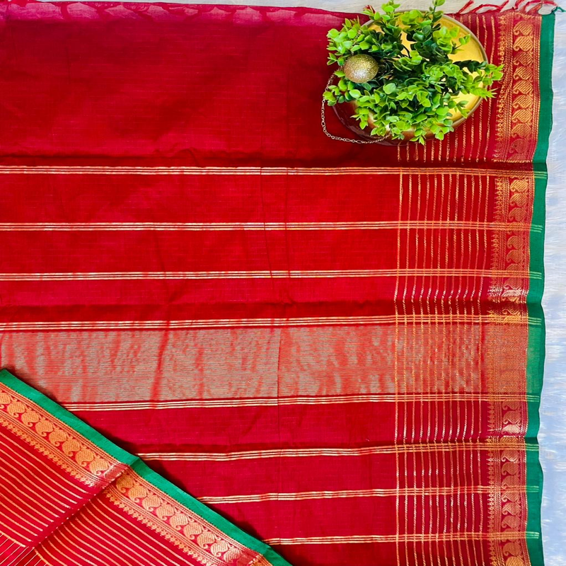Kanchi Cotton Stripes Saree - Deep Red - Image 2