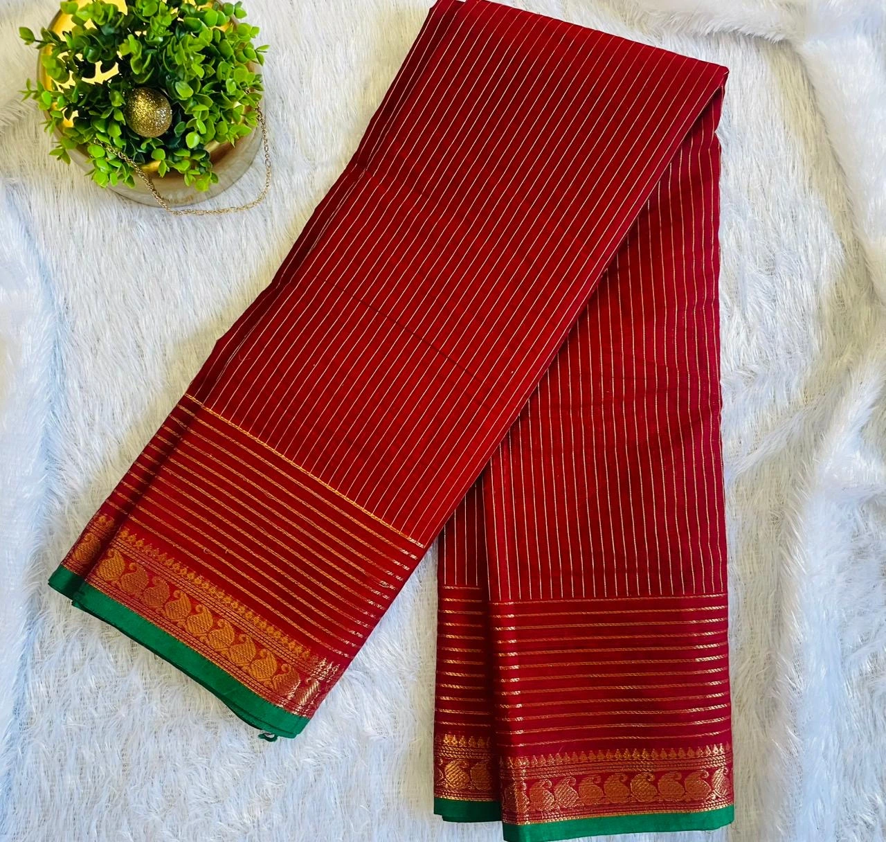 Kanchi Cotton Stripes Saree - Deep Red
