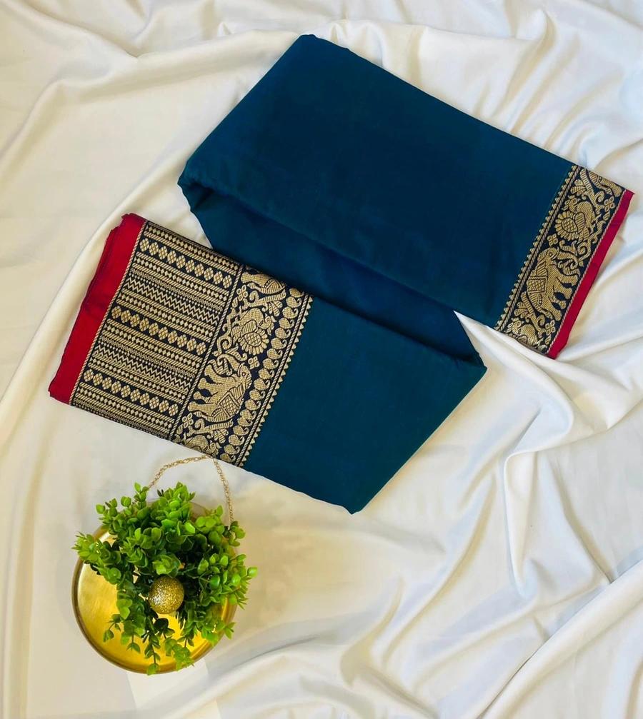 Narayanpattu Elephant Border Saree - Peacock blue - Image 3