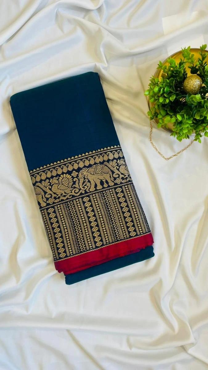 Narayanpattu Elephant Border Saree - Peacock blue