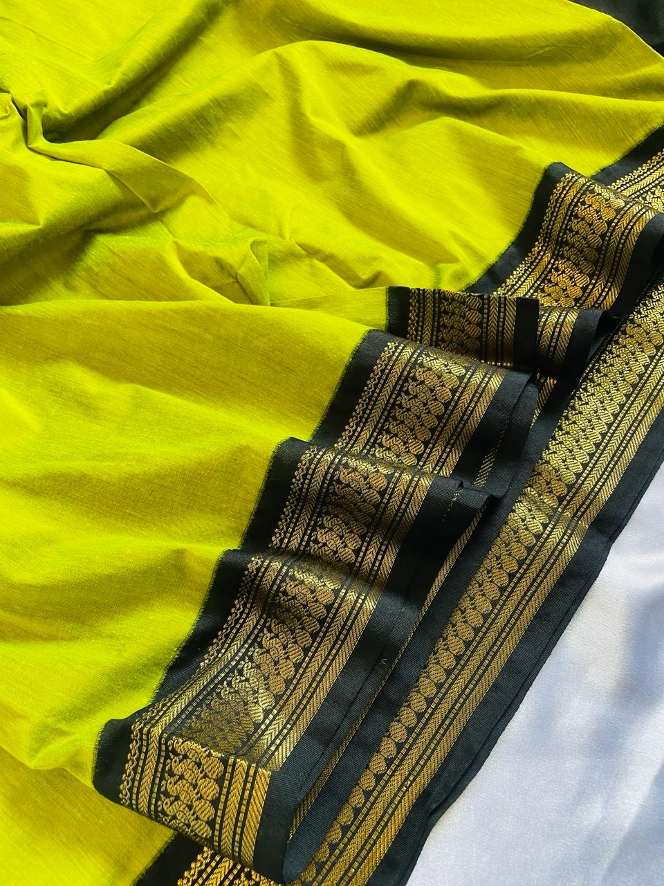 Kalyani Cotton Saree - Neon Yellow - Image 2