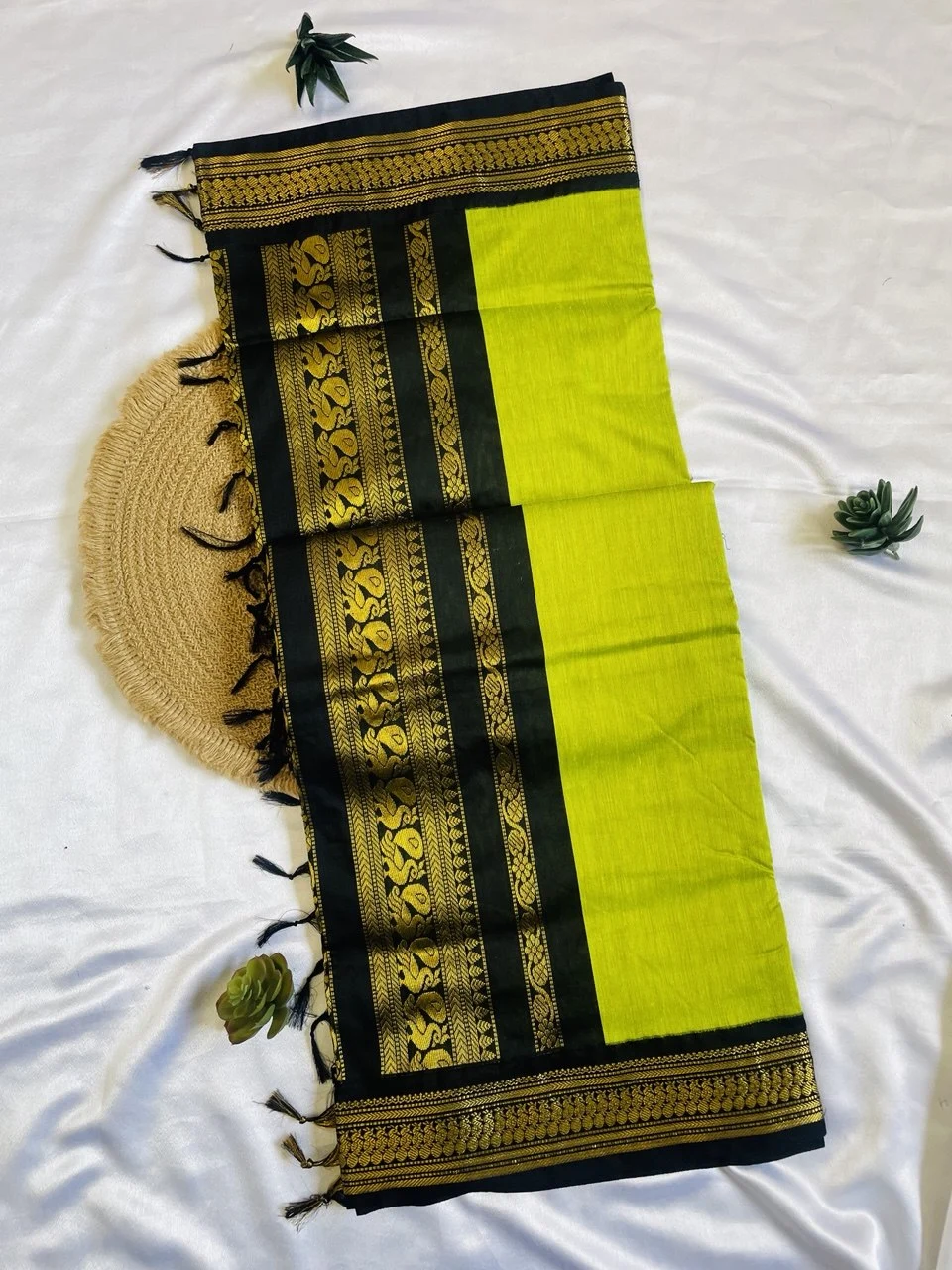 Kalyani Cotton Saree - Neon Yellow - Image 5